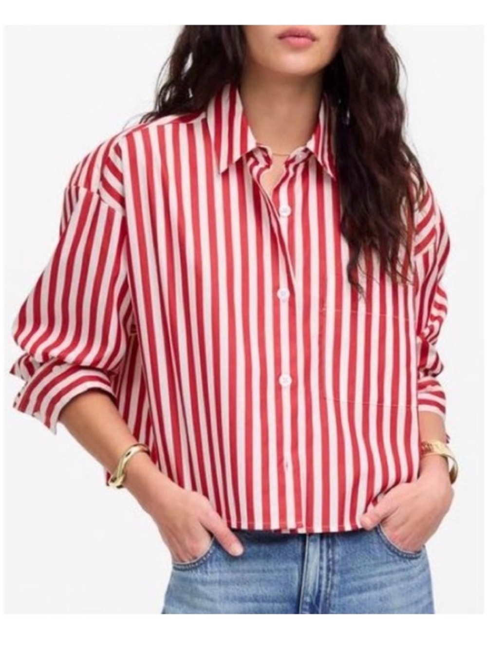 Madewell Boxy Red and White Vertical Stripe Button-Up Shirt